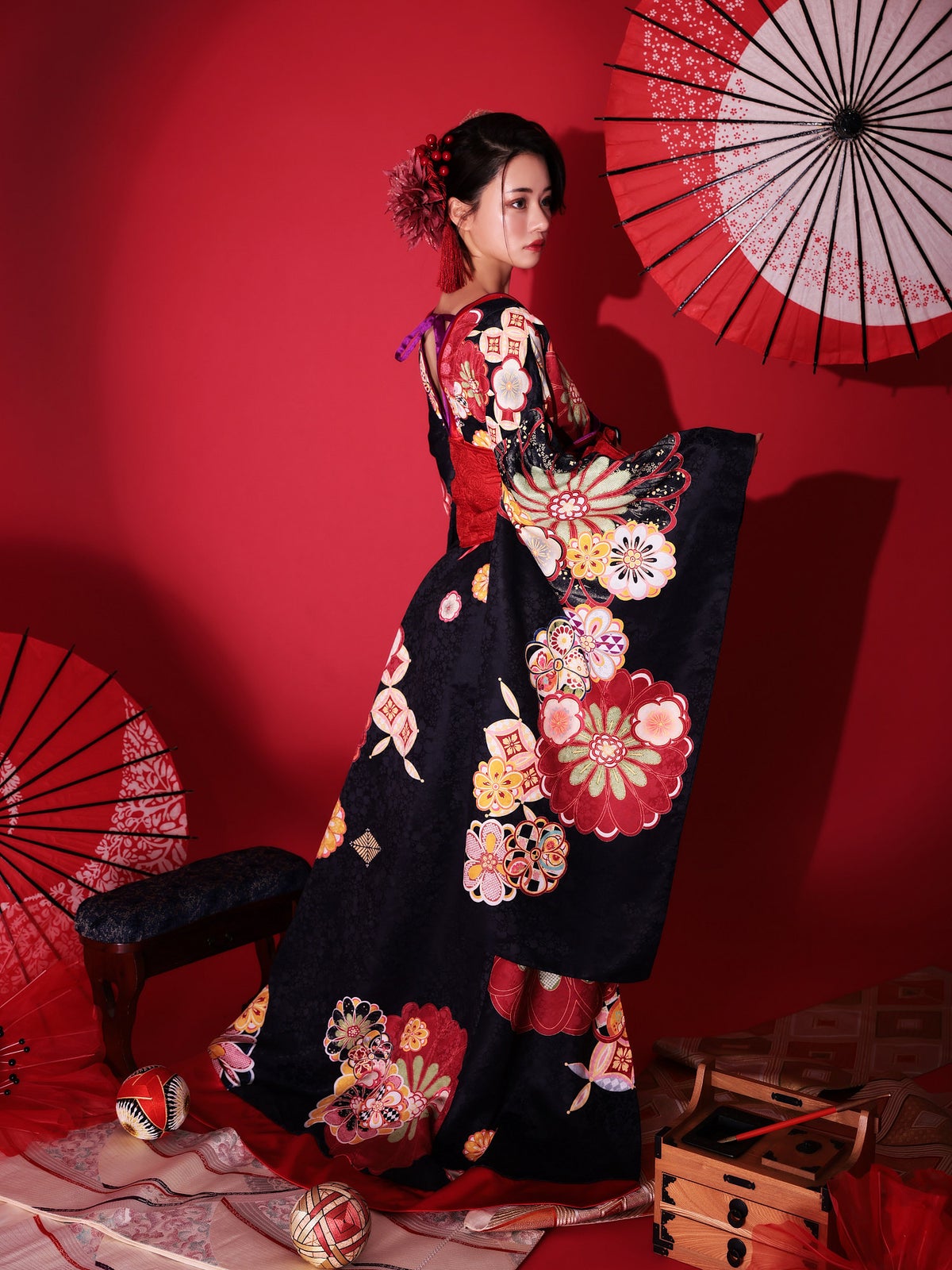 花魁 大判華柄 花魁コスチューム 黒 和柄 本格和装 着物 花魁ドレス vcsot-231072
