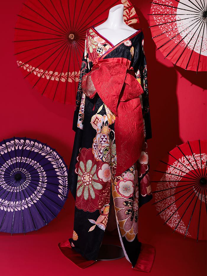 vanityME バニティーミー　花魁　赤　コスプレ　和柄　Mサイズ 2点セット】花魁 大判華柄 花魁コスチューム 黒 和柄 本格和装 着物
