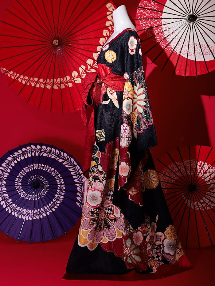 2点セット】花魁 大判華柄 花魁コスチューム 黒 和柄 本格和装 着物