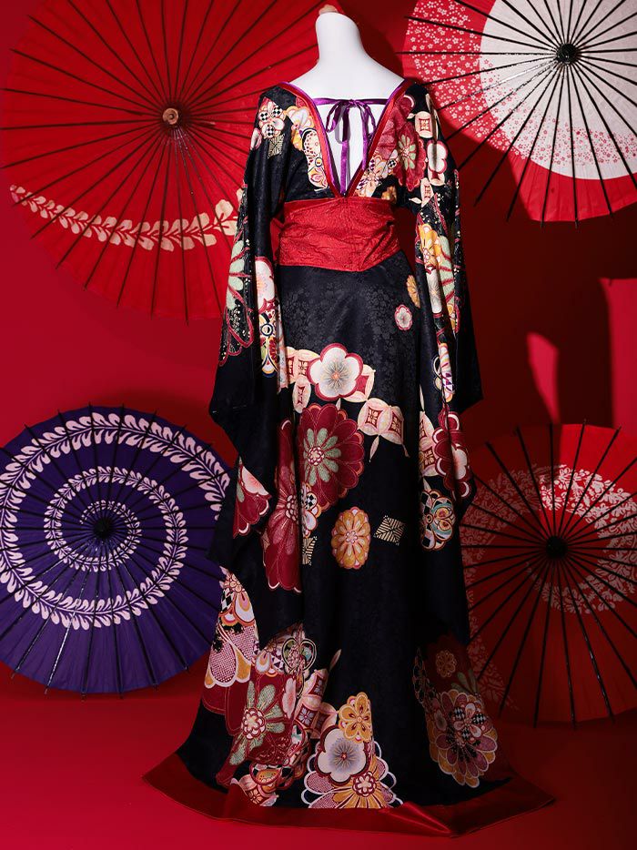 2点セット】花魁 大判華柄 花魁コスチューム 黒 和柄 本格和装 着物