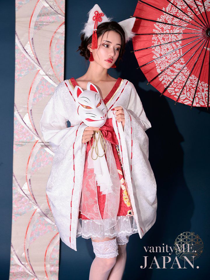 【2点セット】狐巫女 ミニ丈 赤 vcsot-231017-1