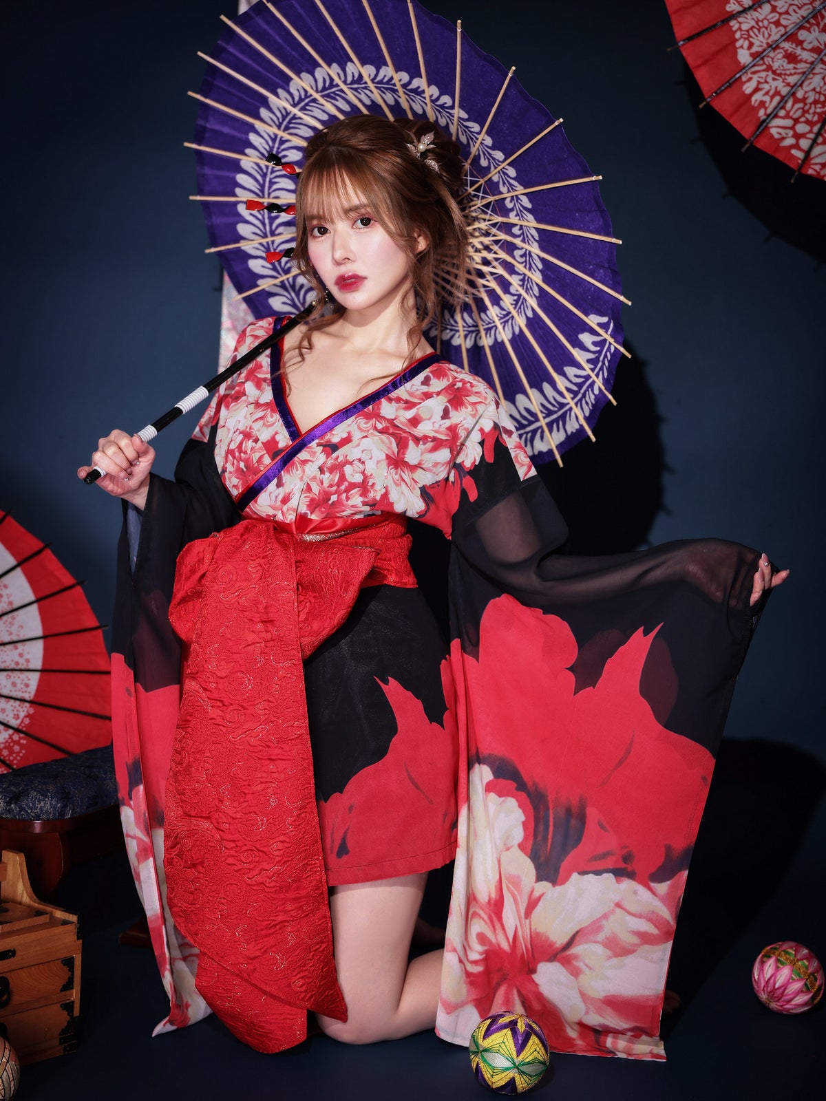 【2点セット】花魁 ミニ 漆黒花魁 黒 大人の色気 コスチューム 和柄 本格和装 着物 花魁ドレス vcsot-231015-1