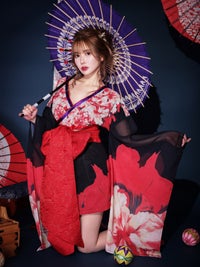 【2点セット】花魁 ミニ 漆黒花魁 黒 大人の色気 コスチューム 和柄 本格和装 着物 花魁ドレス vcsot-231015-1