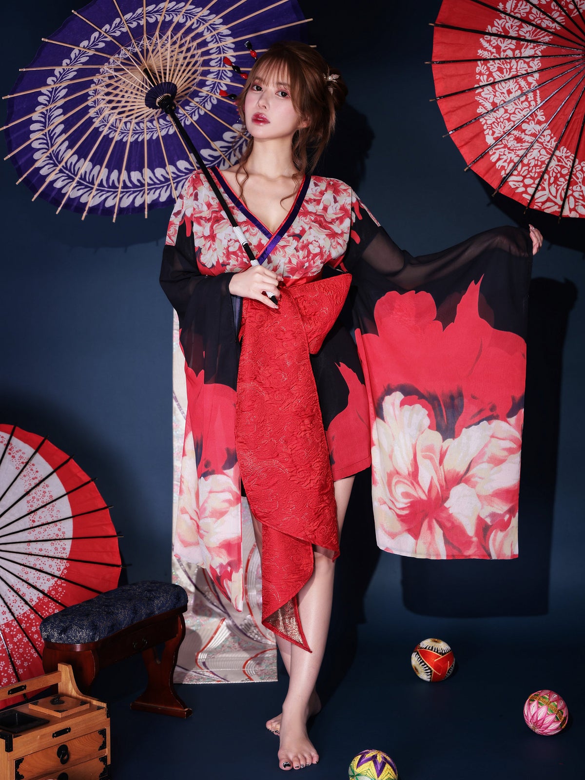 【2点セット】花魁 ミニ 漆黒花魁 黒 大人の色気 コスチューム 和柄 本格和装 着物 花魁ドレス vcsot-231015-1