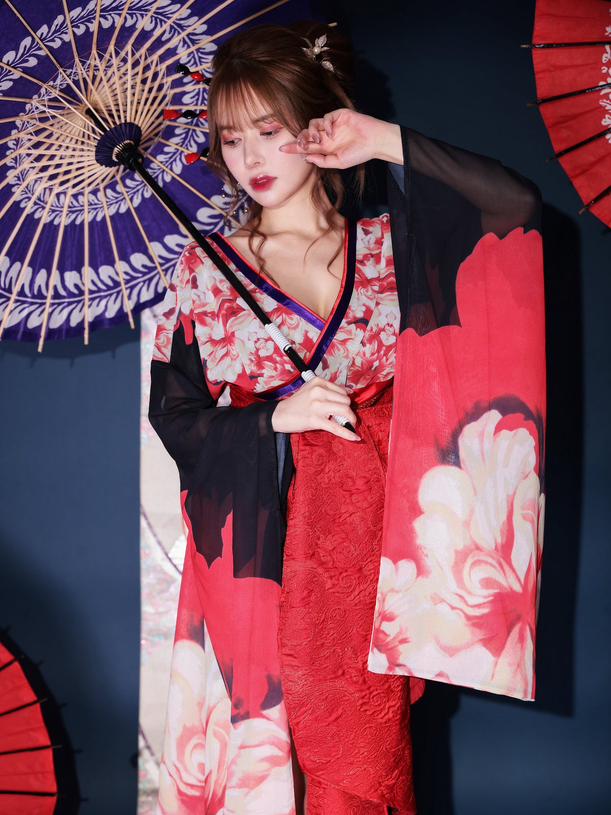 【2点セット】花魁 ミニ 漆黒花魁 黒 大人の色気 コスチューム 和柄 本格和装 着物 花魁ドレス vcsot-231015-1