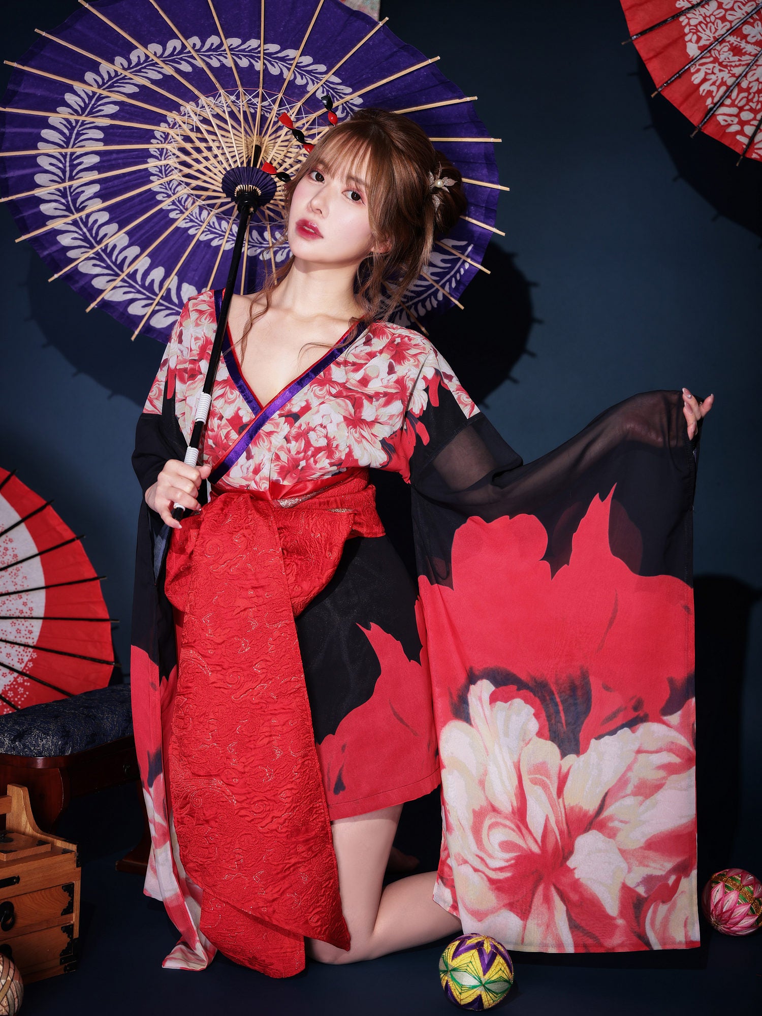 【2点セット】花魁 ミニ 漆黒花魁 黒 大人の色気 コスチューム 和柄 本格和装 着物 花魁ドレス vcsot-231015-1