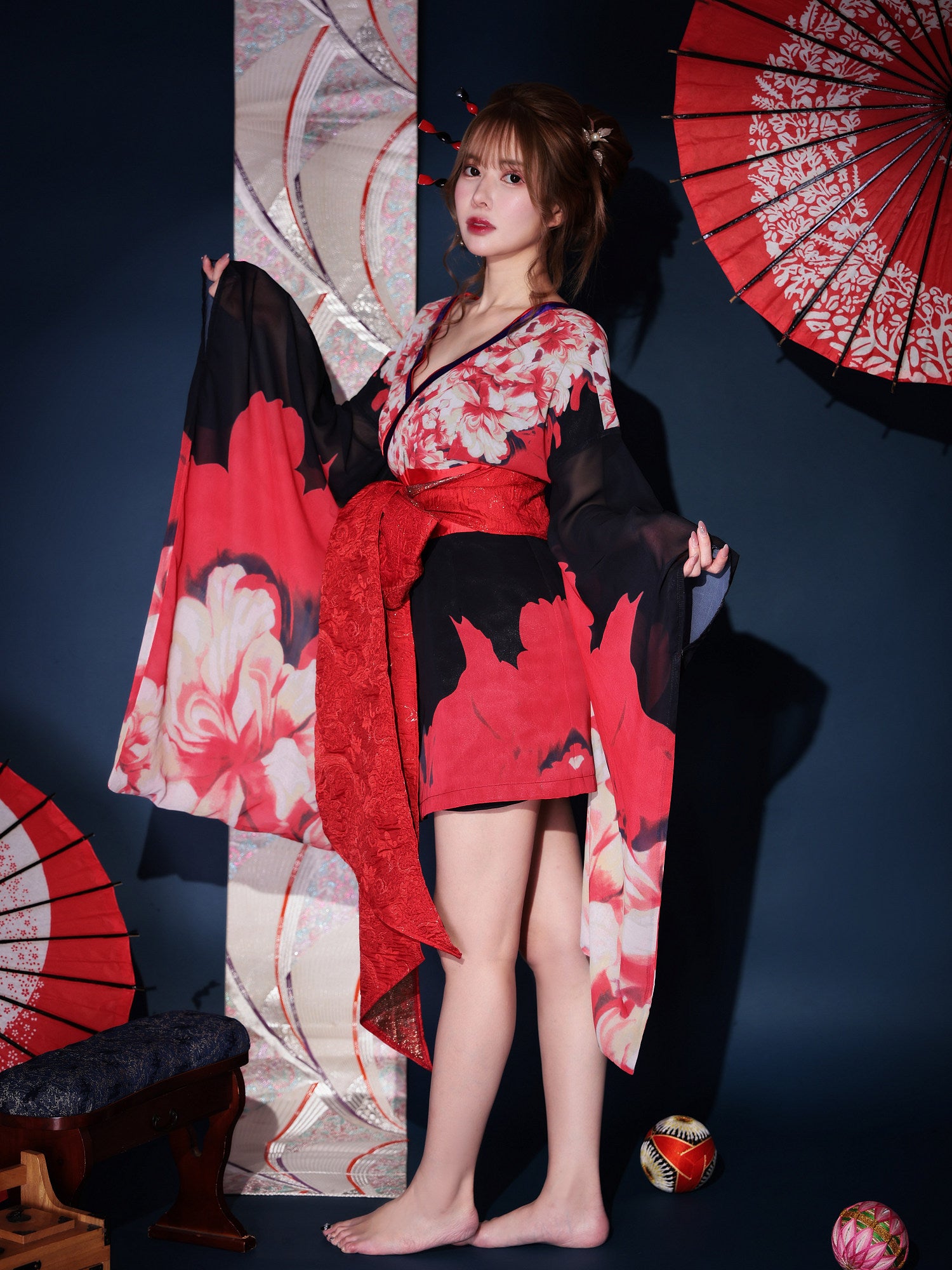 【2点セット】花魁 ミニ 漆黒花魁 黒 大人の色気 コスチューム 和柄 本格和装 着物 花魁ドレス vcsot-231015-1