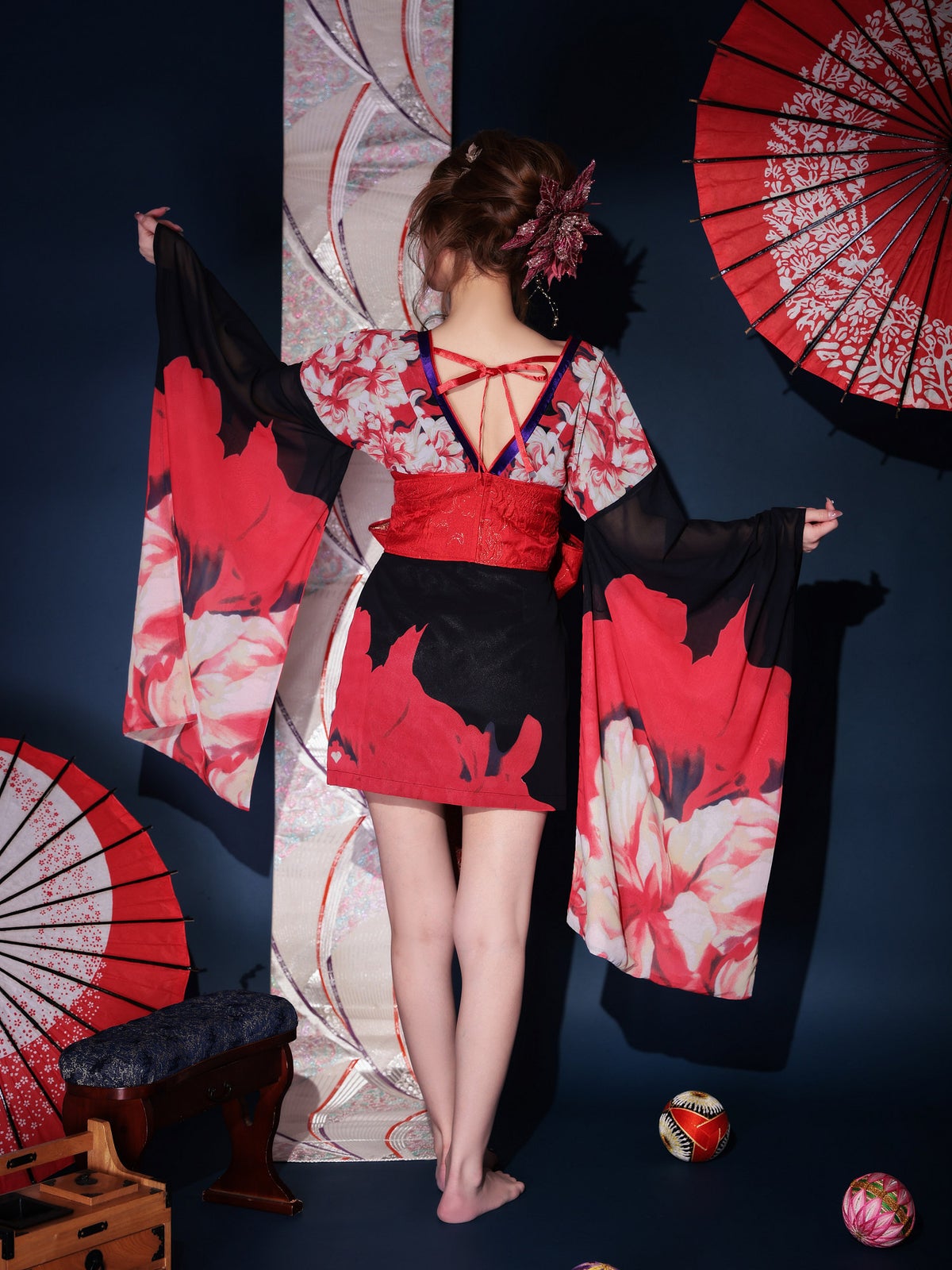 【2点セット】花魁 ミニ 漆黒花魁 黒 大人の色気 コスチューム 和柄 本格和装 着物 花魁ドレス vcsot-231015-1