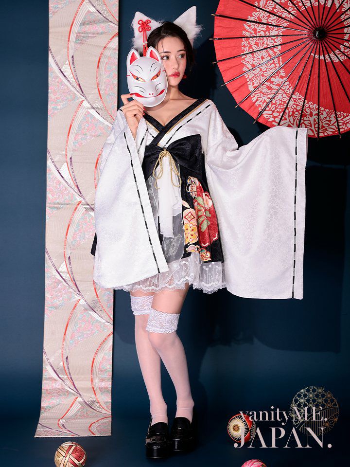 2点セット】狐巫女 ミニ丈 白×黒 vcsot-231017-2