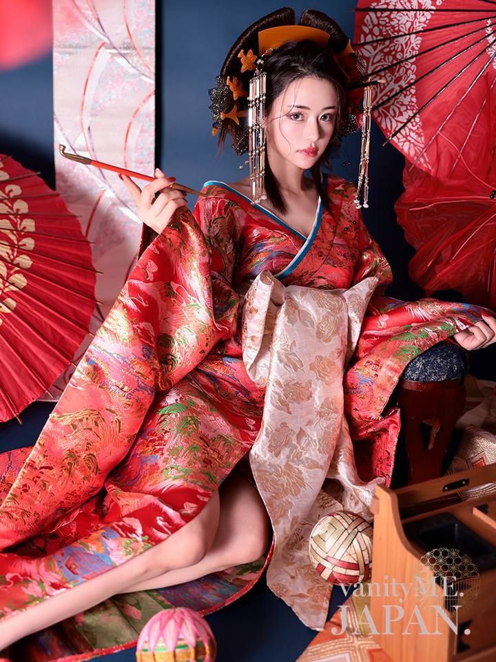 2点セット】花魁 大奥 花魁コスチューム 赤 和柄 本格和装 着物 花魁