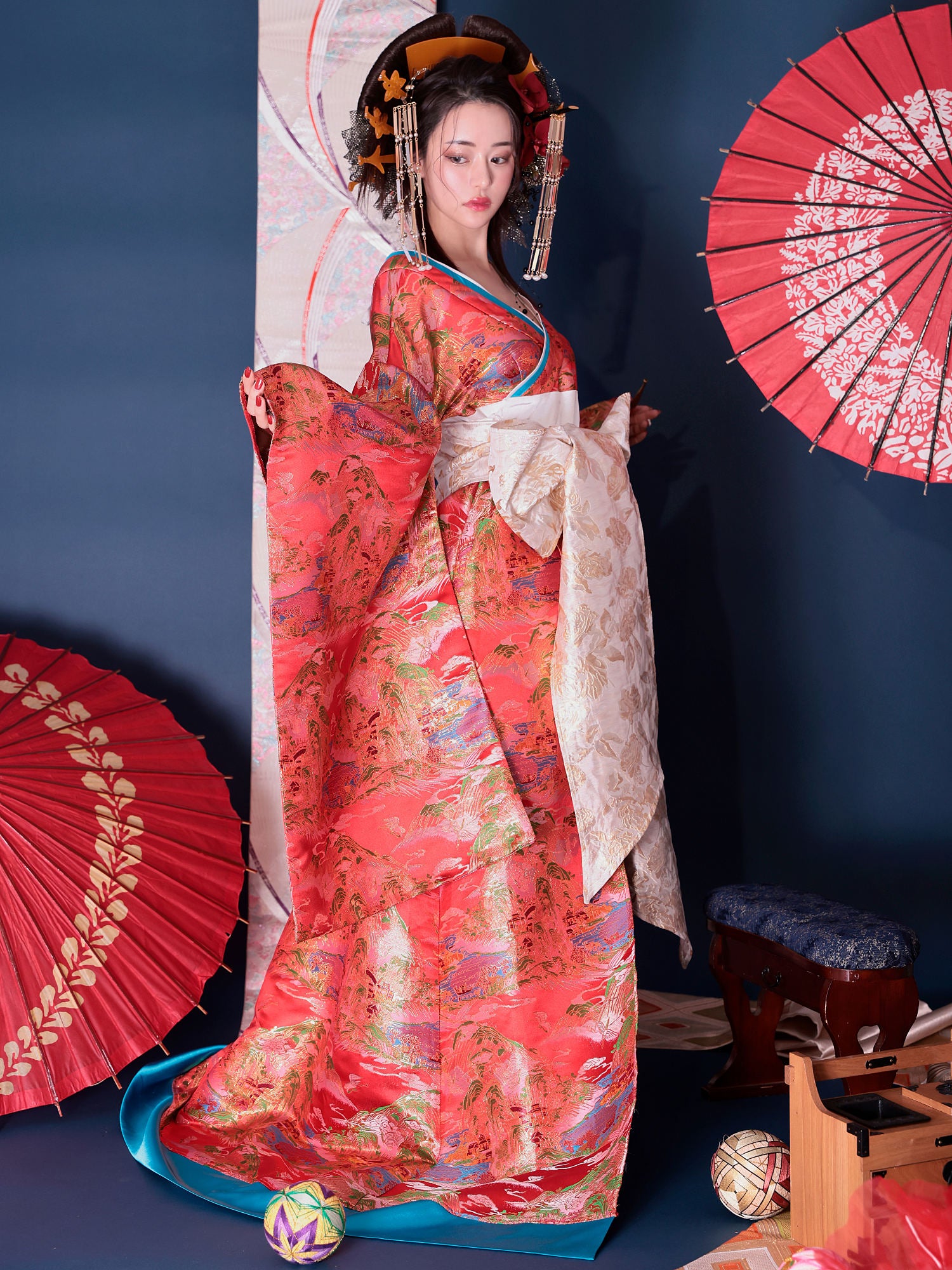 2点セット】花魁 大奥 花魁コスチューム 赤 和柄 本格和装 着物 花魁