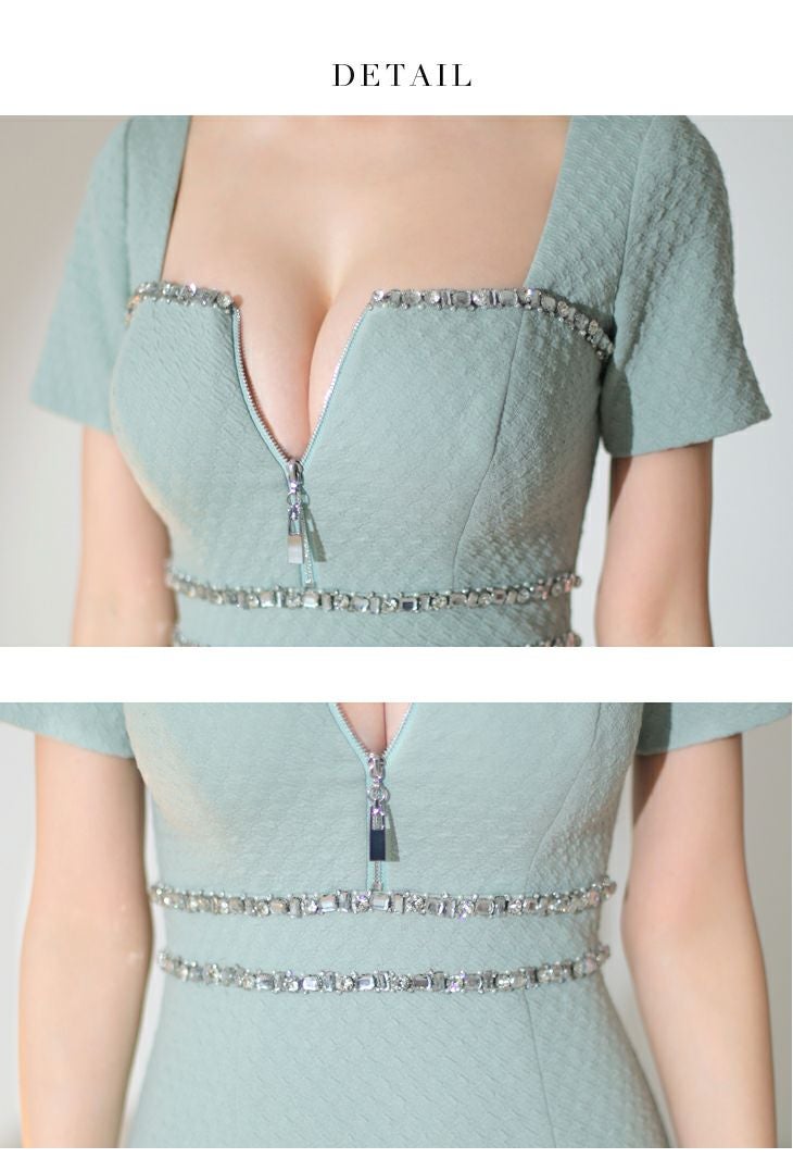 Glossy ローブドフルールグロッシー バストジッパー×ビジューワッフルタイトミニドレス gl3162-c