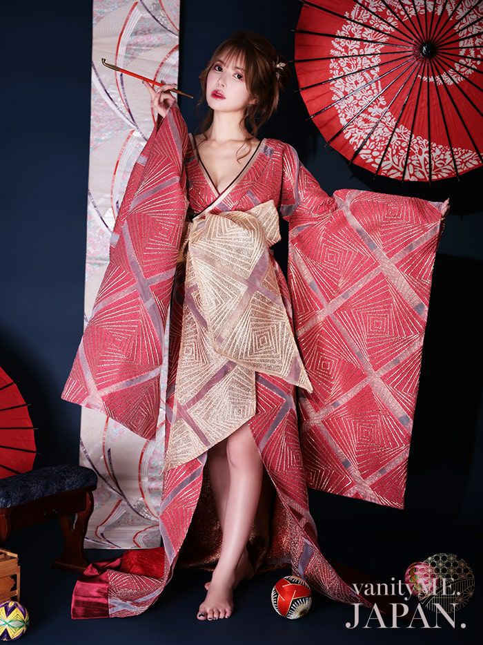2点セット】花魁コスチューム ワイン 和柄 本格和装 着物 花魁ドレス