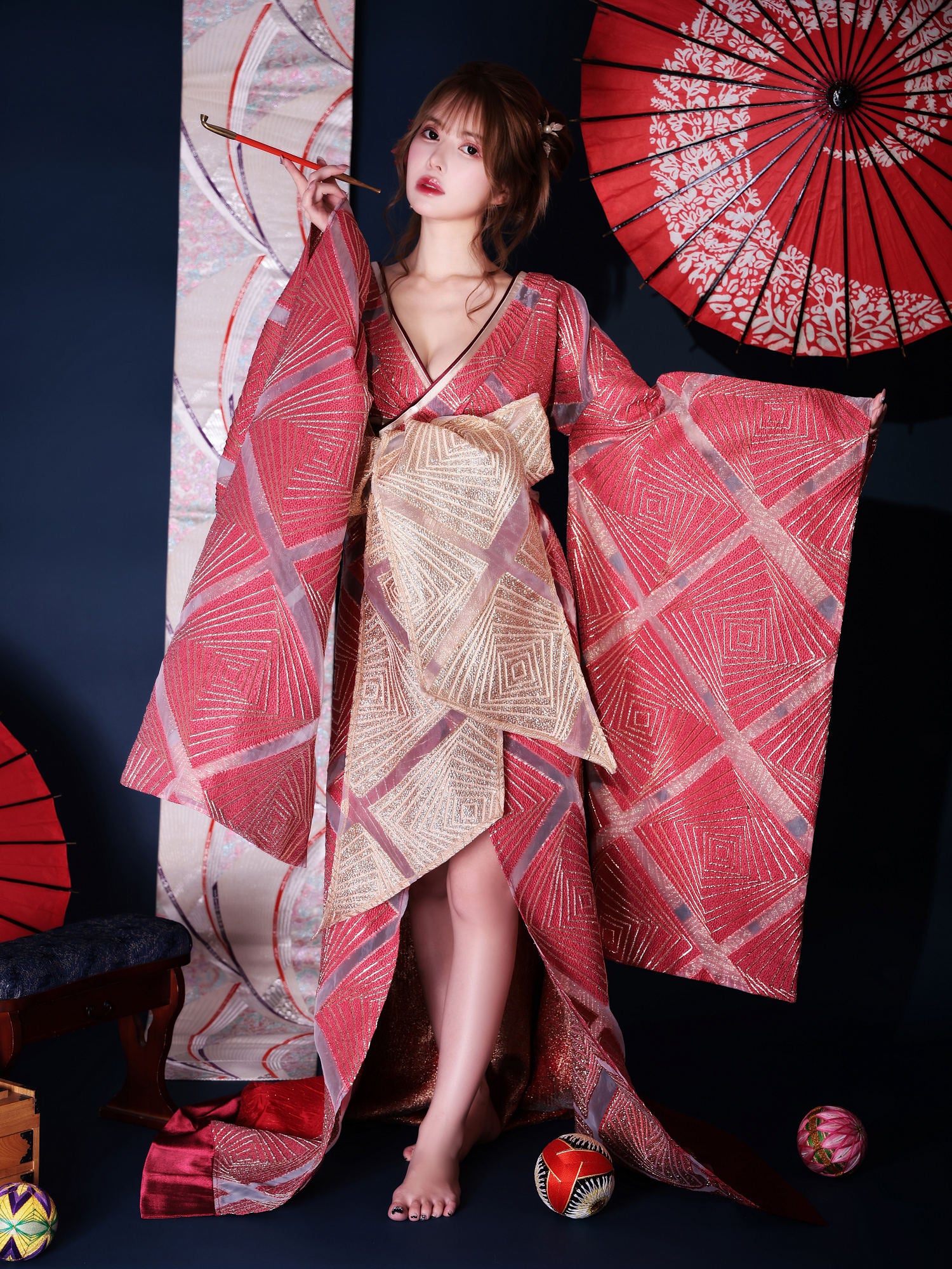 花魁コスチューム ワイン 和柄 本格和装 着物 花魁ドレス vcsot-231018