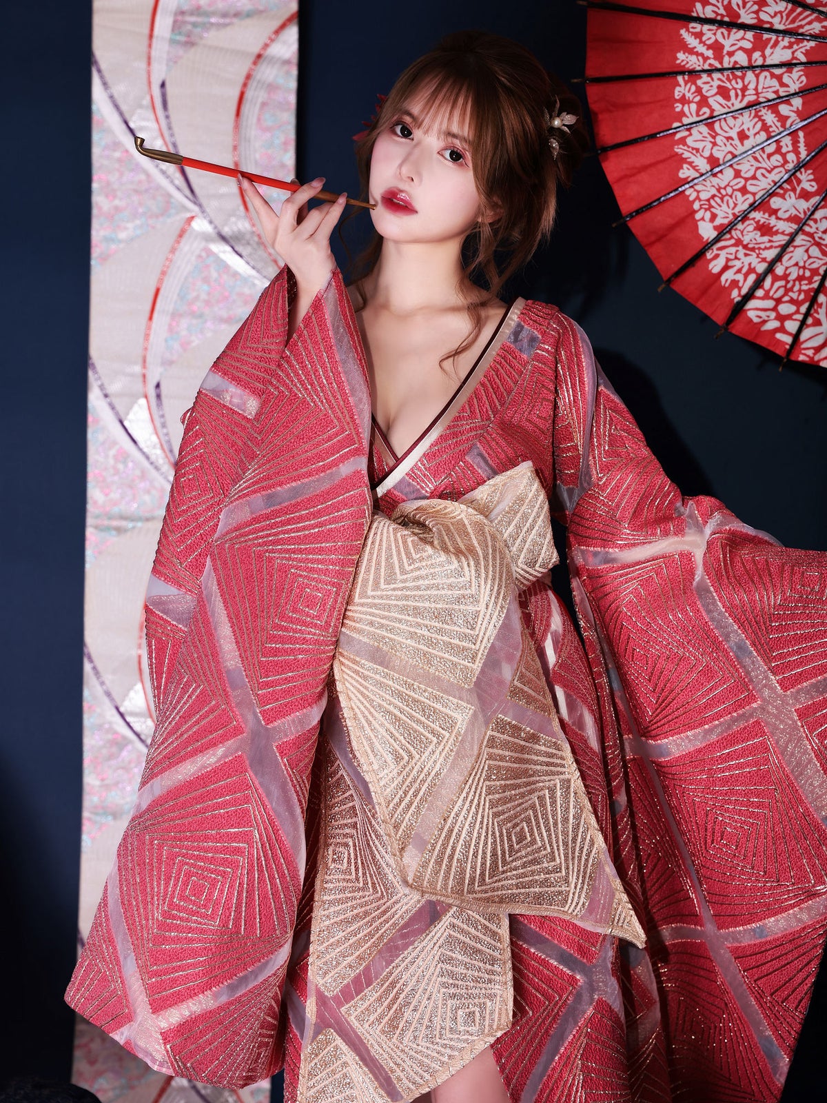花魁コスチューム ワイン 和柄 本格和装 着物 花魁ドレス vcsot-231018