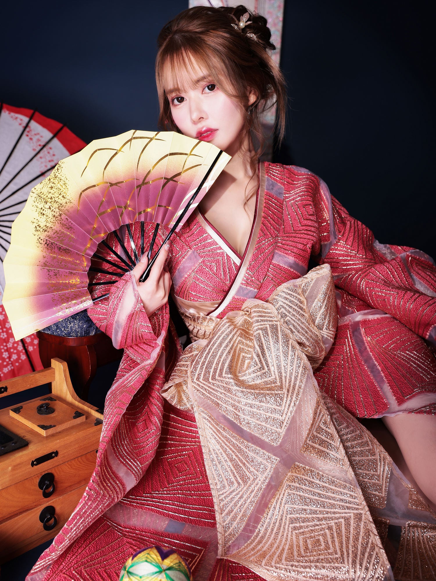 花魁コスチューム ワイン 和柄 本格和装 着物 花魁ドレス vcsot-231018