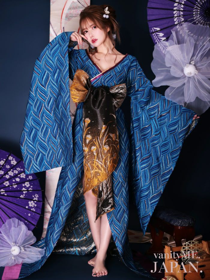 2点セット】花魁コスチューム 青 和柄 本格和装 着物 花魁ドレス vcsot