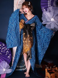 魁コスチューム 青 和柄 本格和装 着物 花魁ドレス vcsot-231073