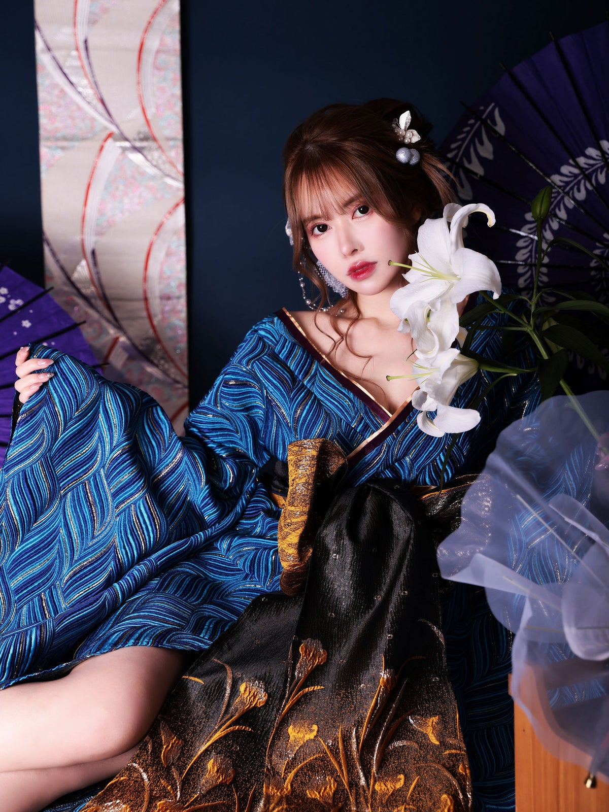 魁コスチューム 青 和柄 本格和装 着物 花魁ドレス vcsot-231073