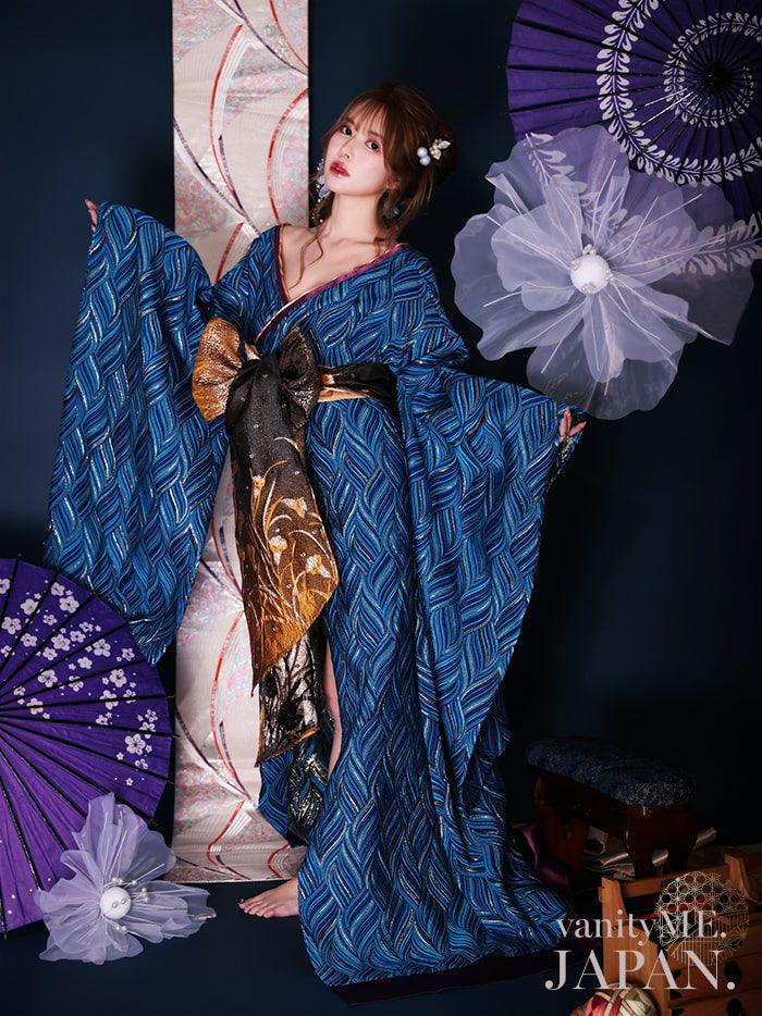 2点セット】花魁コスチューム 青 和柄 本格和装 着物 花魁ドレス vcsot