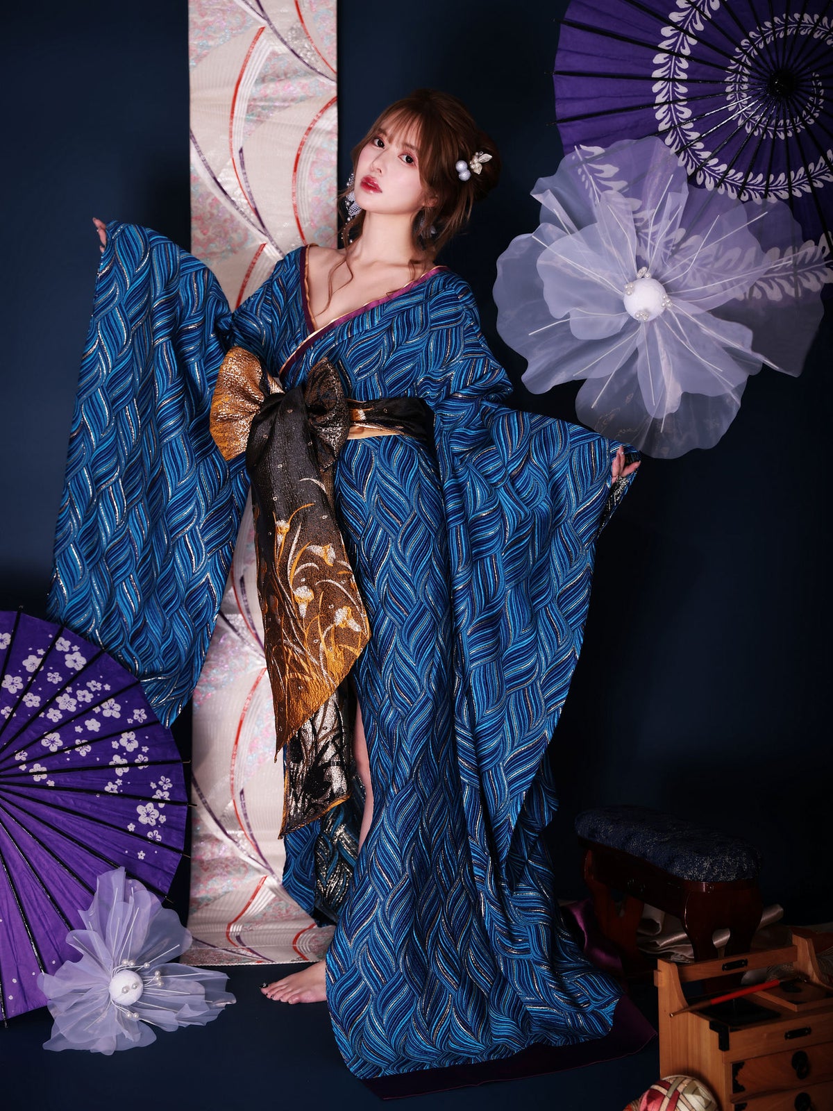魁コスチューム 青 和柄 本格和装 着物 花魁ドレス vcsot-231073