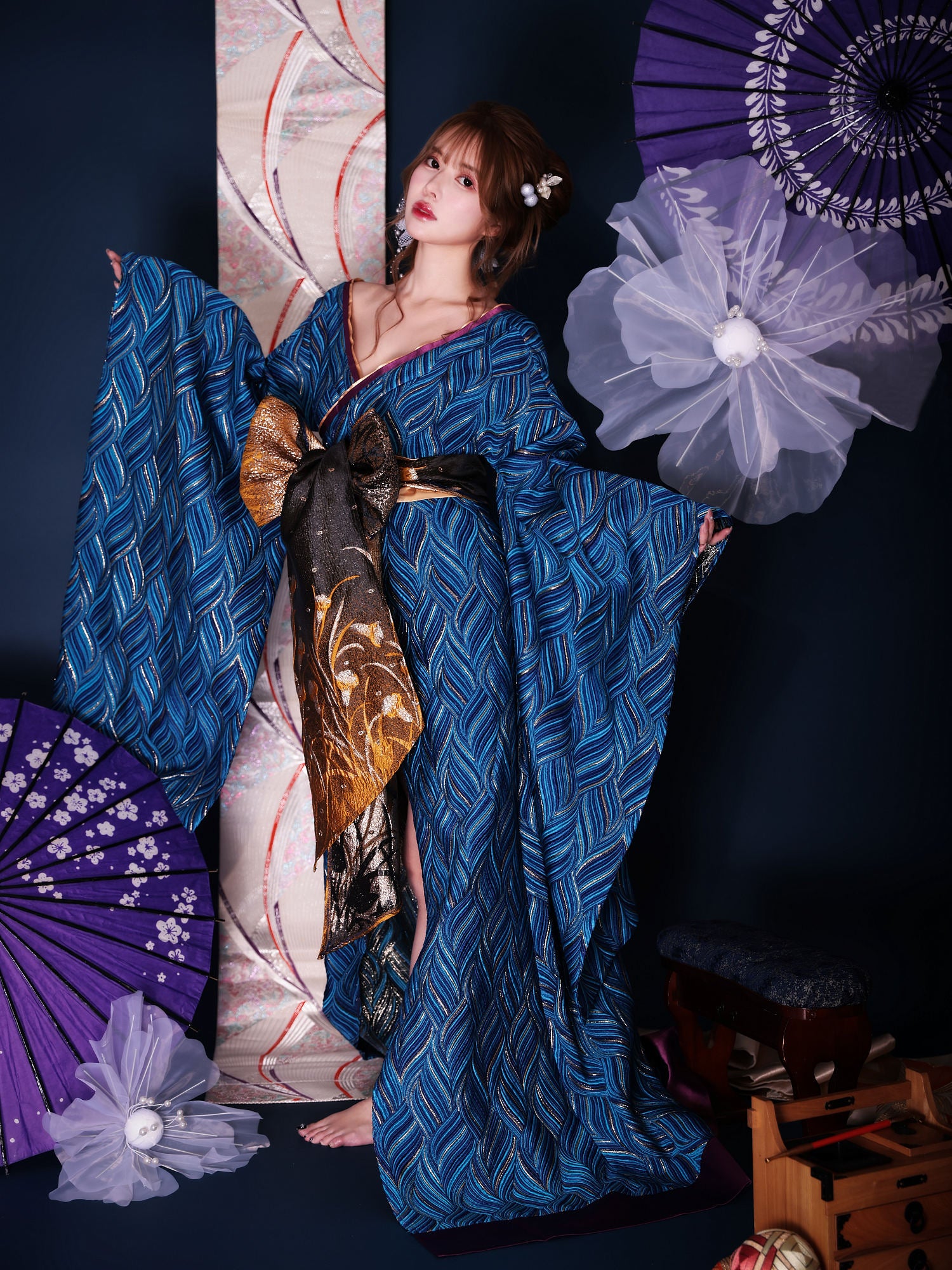 魁コスチューム 青 和柄 本格和装 着物 花魁ドレス vcsot-231073