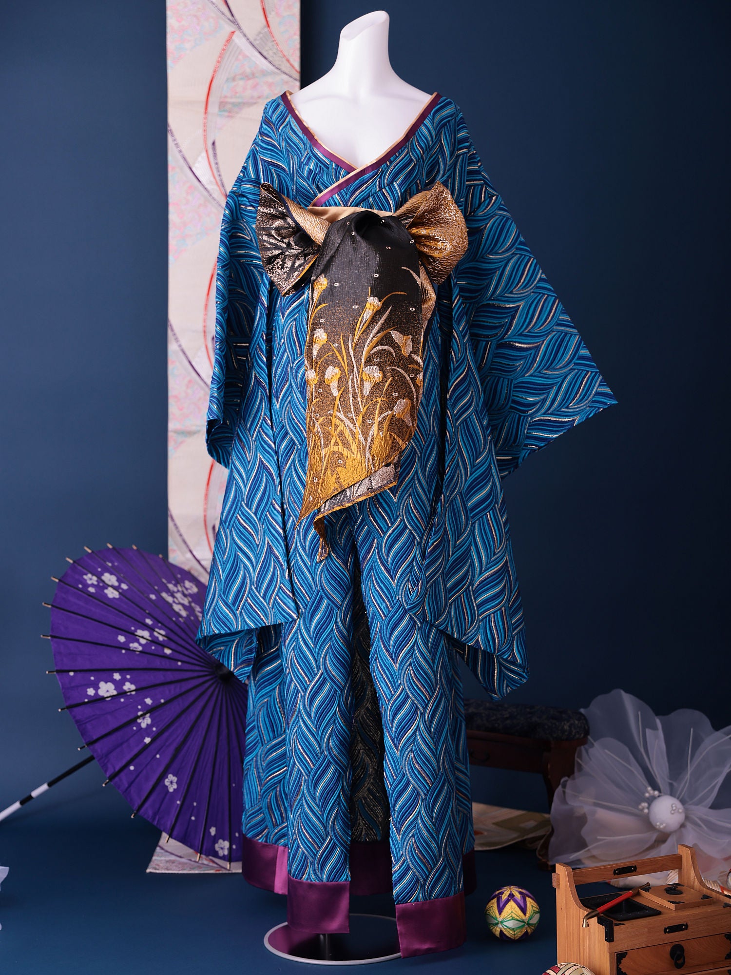 2点セット】花魁コスチューム 青 和柄 本格和装 着物 花魁ドレス vcsot