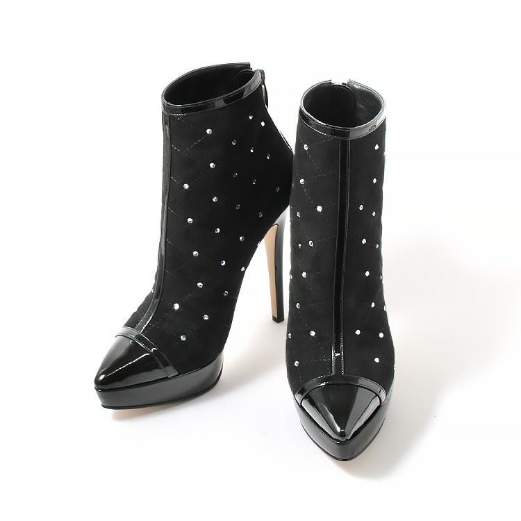 コメックス COMEX ブーツ ピンヒール ポインテッドトゥ キルティング ラインストーン 厚底 ショートブーツ ハイヒール ヒール13cm ［ブラックスエード］co-5721-1