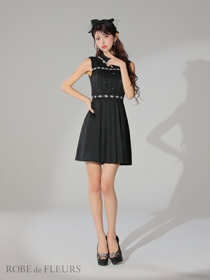 ROBE de FLEURS ローブドフルール スプリングツイード×ビジューフレアミニドレス fm3322-c