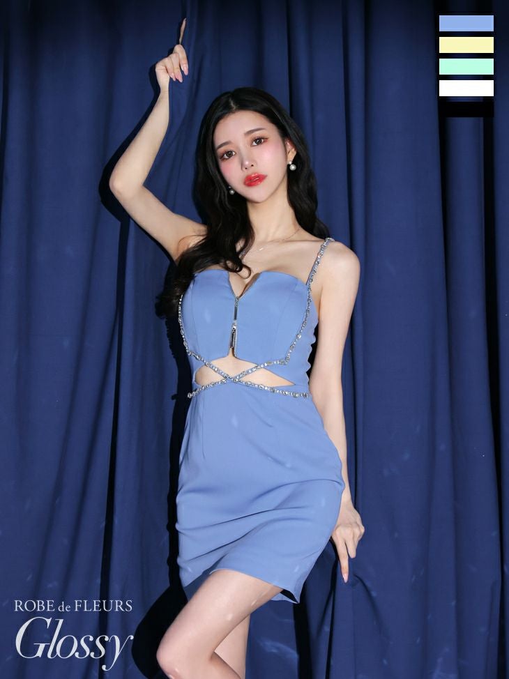 ROBE de FLEURS ローブドフルール ブルー チェックビジューサイド