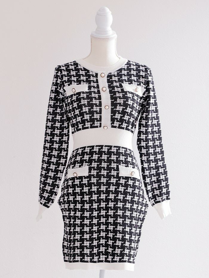 vanityME.onep 千鳥格子柄 パイピング リブニット 長袖 タイト ミニドレス ワンピース [ホワイト×ブラック] vim-c2413