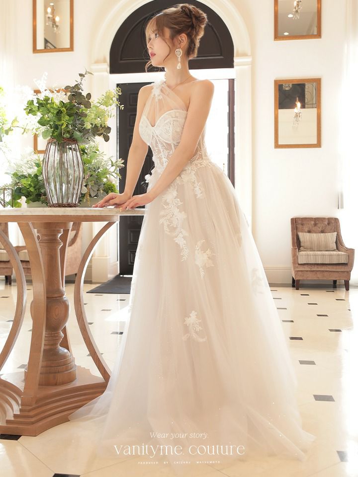vanityME.couture. バニティミークチュール バースデードレス ワンショルダー フラワー ロングドレス ホワイト  vctr-la-2382-3