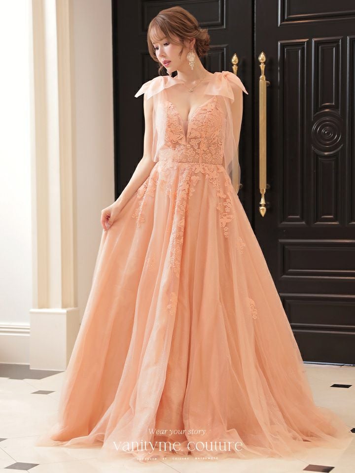 vanityME.couture.バニティミークチュール バースデードレス ダブルリボンショルダー バタフライモチーフ 刺繍ラメ ロングドレス ピンク vctr-la-2398-1