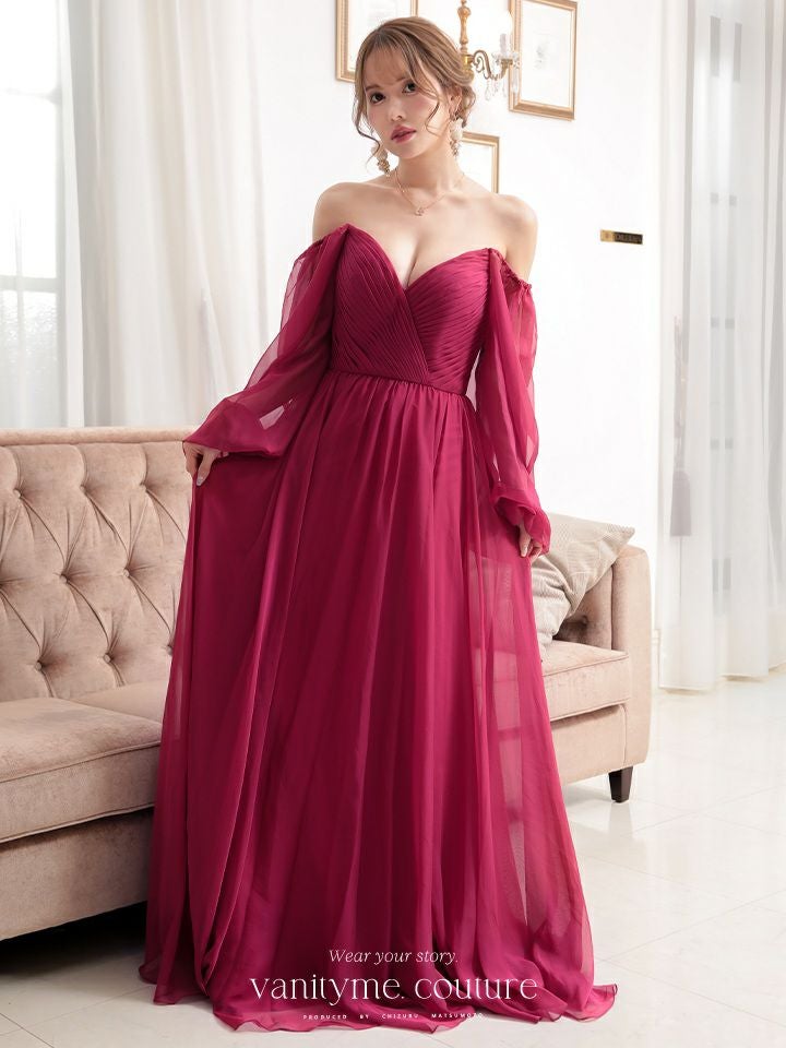  vanityME.couture. バニティミークチュール オフショルダー シフォンドレス 長袖 Vネック ハイウエスト ロングドレス バーガンディ vctr-la-23103