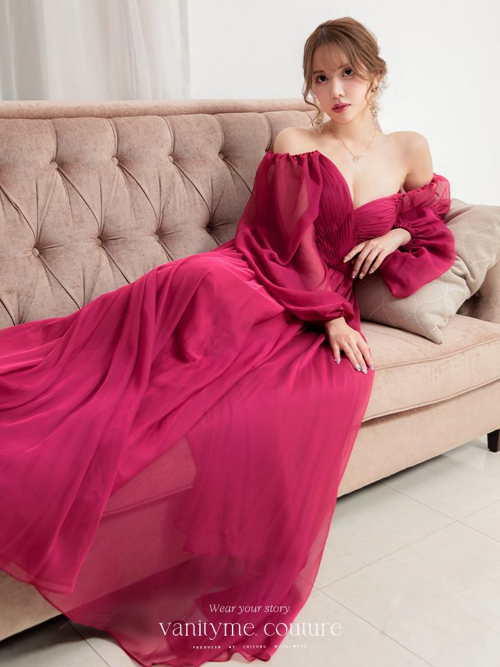  vanityME.couture. バニティミークチュール オフショルダー シフォンドレス 長袖 Vネック ハイウエスト ロングドレス バーガンディ vctr-la-23103