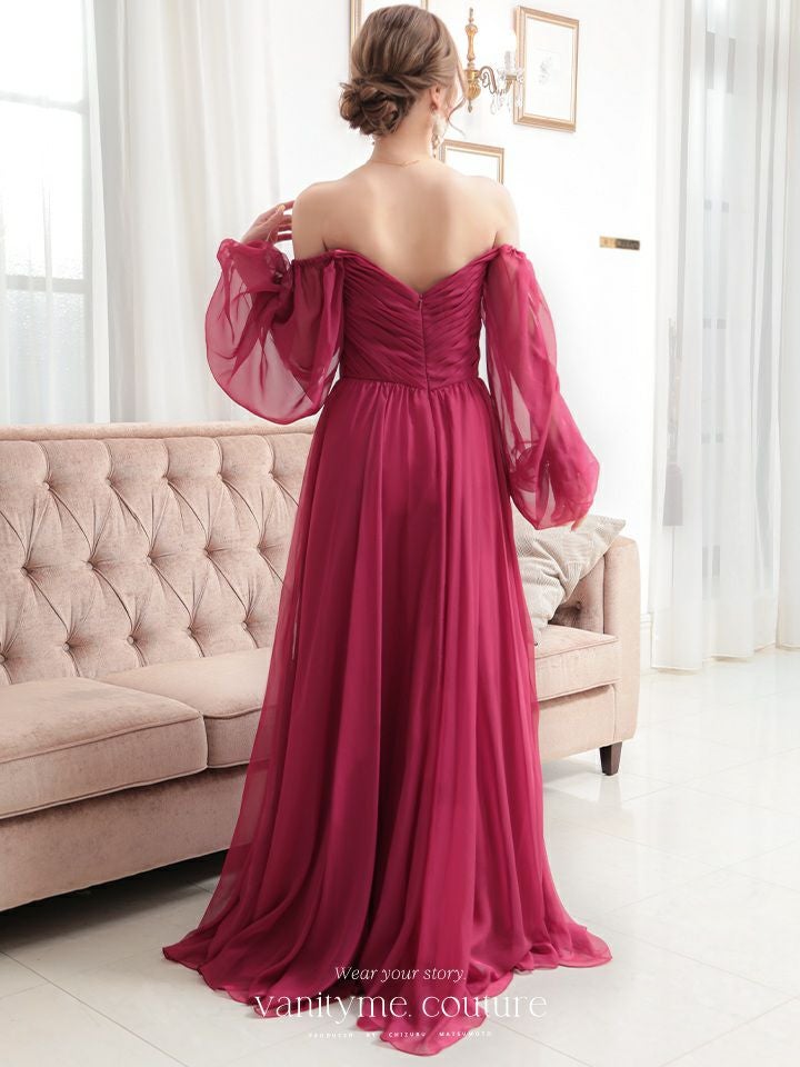  vanityME.couture. バニティミークチュール オフショルダー シフォンドレス 長袖 Vネック ハイウエスト ロングドレス バーガンディ vctr-la-23103