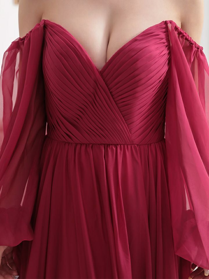  vanityME.couture. バニティミークチュール オフショルダー シフォンドレス 長袖 Vネック ハイウエスト ロングドレス バーガンディ vctr-la-23103