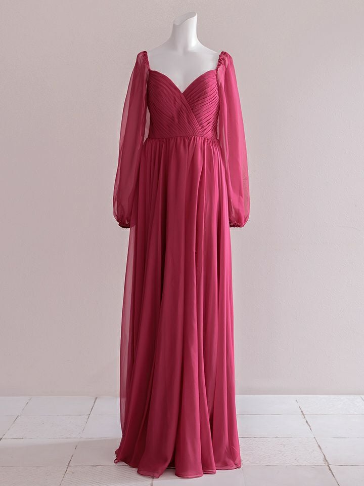  vanityME.couture. バニティミークチュール オフショルダー シフォンドレス 長袖 Vネック ハイウエスト ロングドレス バーガンディ vctr-la-23103