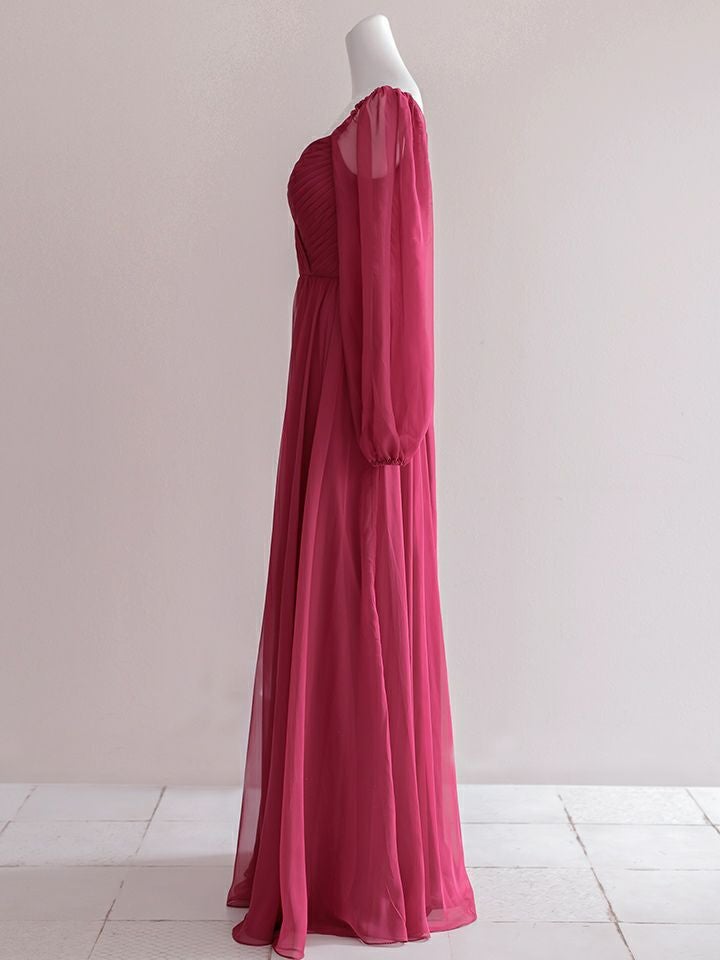  vanityME.couture. バニティミークチュール オフショルダー シフォンドレス 長袖 Vネック ハイウエスト ロングドレス バーガンディ vctr-la-23103