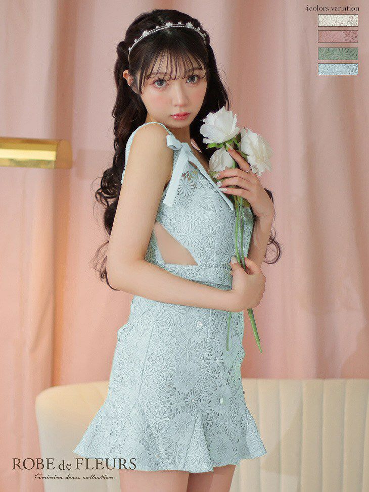 ROBE de FLEURS ビッグリボンミニキャバドレス ROBE de FLEURS ローブドフルール ピンク 肩リボン総レースキャバ