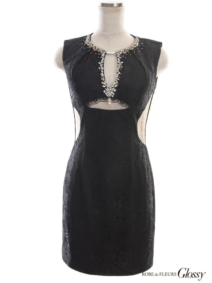 【ROBE de FLEURS SALE】Glossy ローブドフルールグロッシー ブラック 総レース×バストカットデザインタイトミニキャバドレス gl2488-1-s24