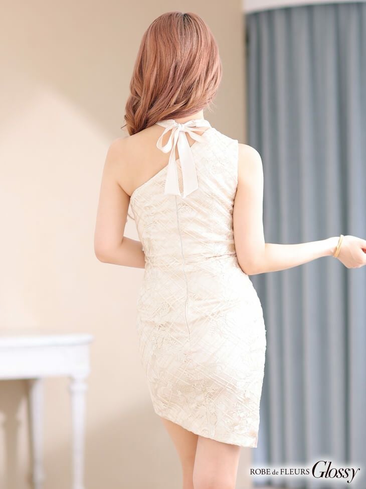 【ROBE de FLEURS SALE】Glossy ローブドフルールグロッシー ベージュ アシンメトリーホルターネックサテンミニキャバドレス gl2518-2-s24