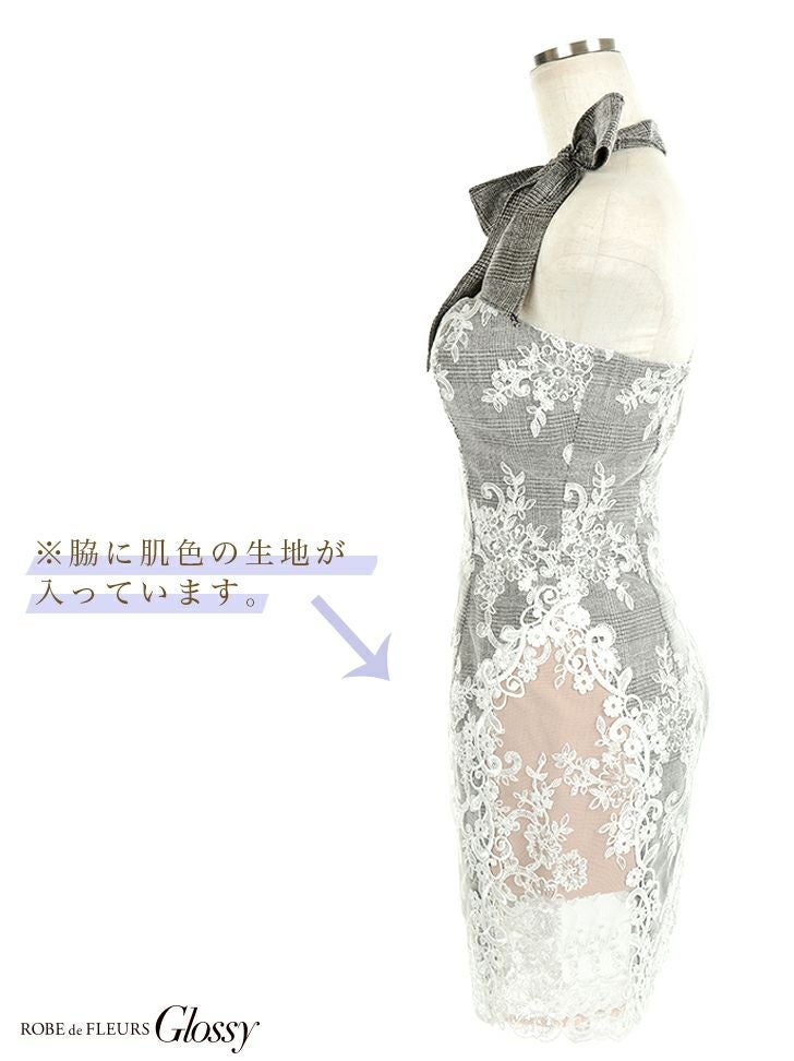 【ROBE de FLEURS SALE】ROBE de FLEURS ローブドフルール ブラック ラメリボン×レースグレンチェックキャバドレス fm2169-2-s24