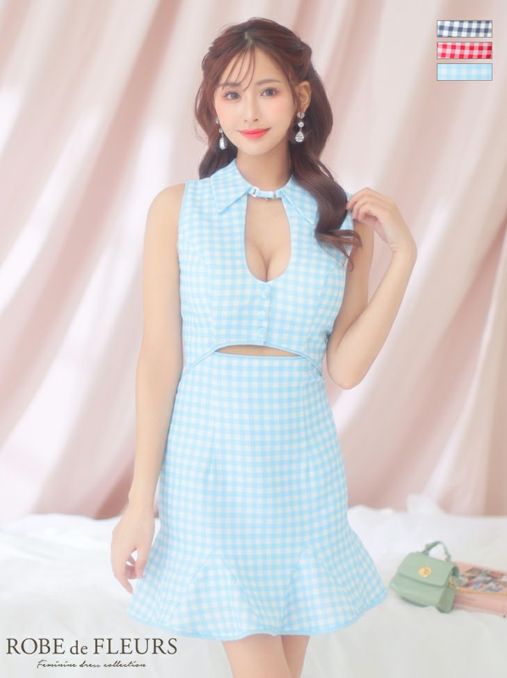ROBE de FLEURS ローブドフルール ウエストオープンギンガムチェックミニキャバドレス fm3706-c