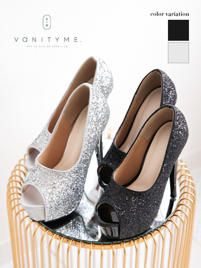 vanityME.オリジナル グリッターラメ オープントゥ パンプス ブラック