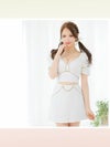 PURESS ピュアレス バストビジューパールチェーンバックルパフショルダーマイクロフレアミニドレス ホワイト ps802407-2