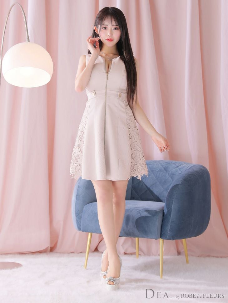 DEA. ディア バイ ローブドフルール サイドレースノースリーブフロントジップフレアキャバドレス de3329-c