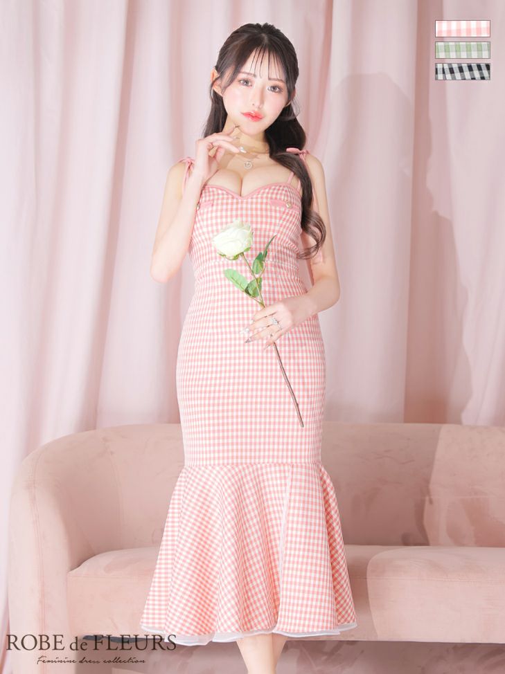 ROBE de FLEURS ローブドフルール ピンク ショルダーリボンギンガム