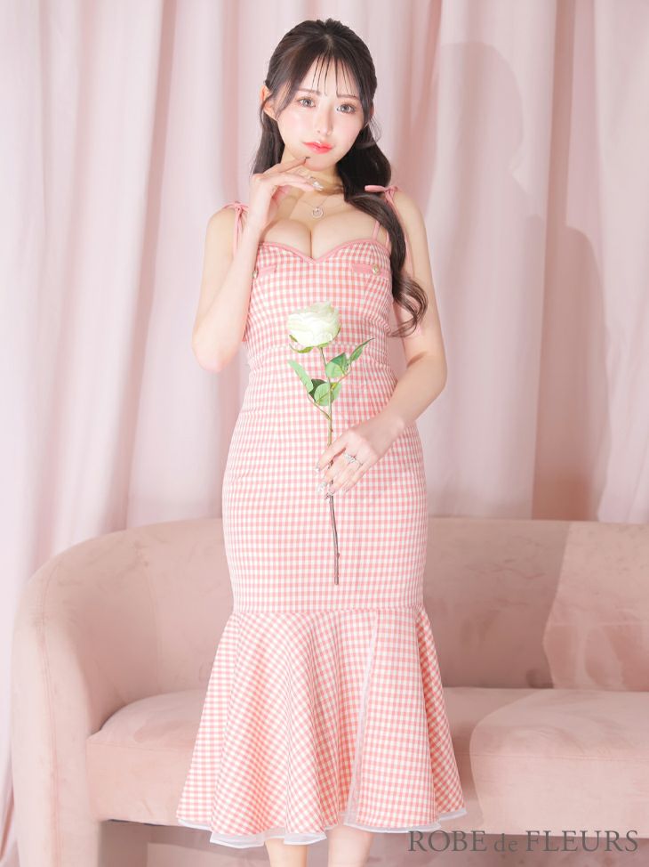 ROBE de FLEURS ローブドフルール ピンク ショルダーリボンギンガム