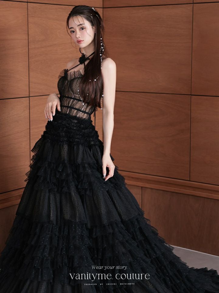 【2点セット】vanityME.couture. バニティミークチュール ドットチュール クロスホルターネック コサージュ付き プリンセス 姫 ロングドレス バースデードレス ブラック vctr-l-a1335